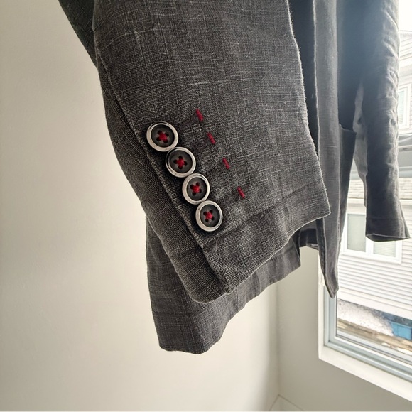 L’Habit 38R Gray 100% Linen Sport Coat Blazer Double Vent Red Contrast Stitching - Picture 3 of 12